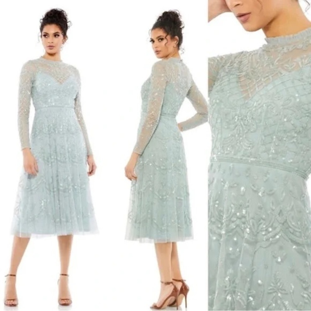 MAC DUGGAL Blue Sequined Illusion High Neck Long Sleeve Midi Dress Seafoam Sz 10